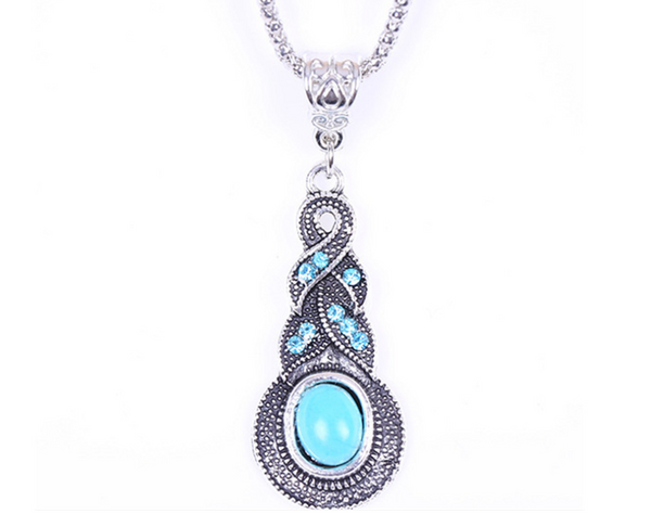 Blue teardrop pendant necklace with a turquoise-look stone, antique silver tone — VoxArcana