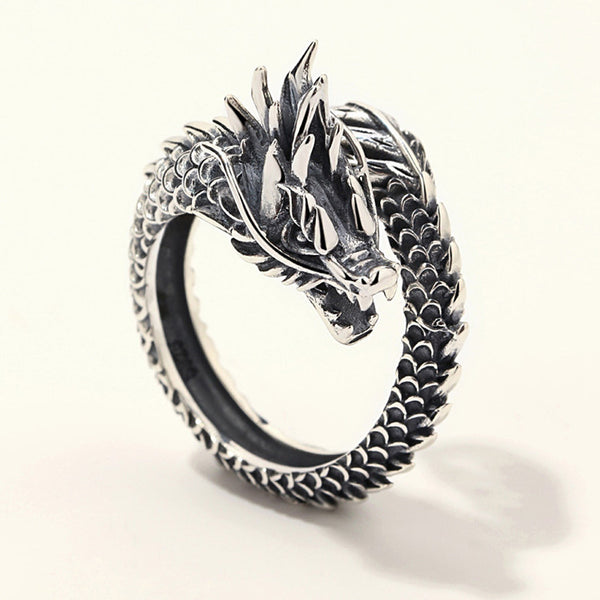 Dragon wrap ring, adjustable, antique silver tone — VoxArcana