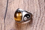 Oval tiger's eye signet ring with yin-yang shoulders, stainless steel — VoxArcana