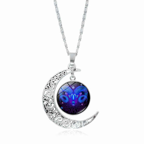 Aries zodiac crescent moon necklace, silver tone — VoxArcana