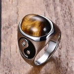 Oval tiger's eye signet ring with yin-yang shoulders, stainless steel — VoxArcana