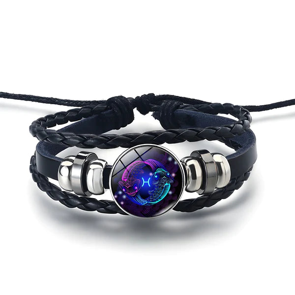 AstroBracelet Pisces — zodiac bracelet, glass cabochon and faux-leather bands — VoxArcana