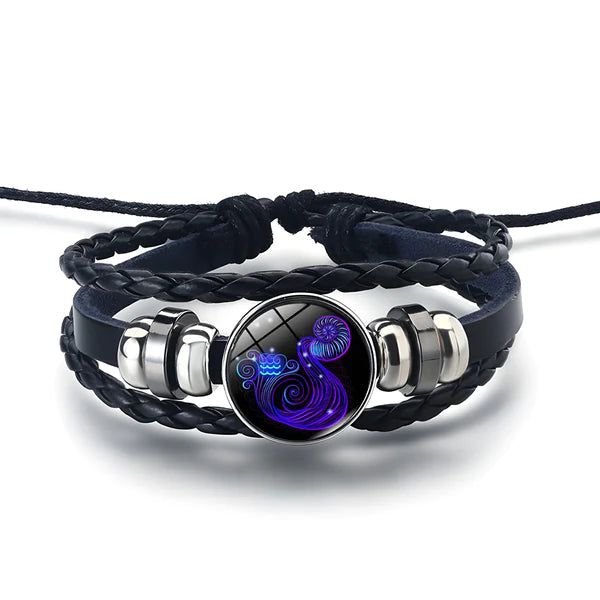 AstroBracelet Aquarius — zodiac bracelet, glass cabochon and faux-leather bands — VoxArcana