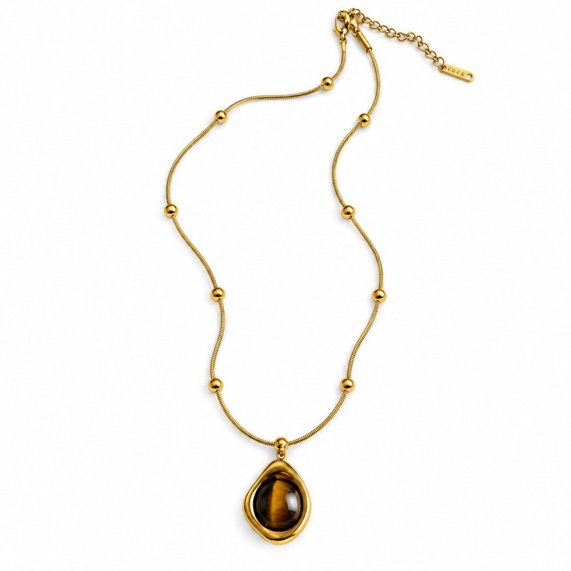 Tiger's eye oval pendant, gold-tone titanium steel — VoxArcana